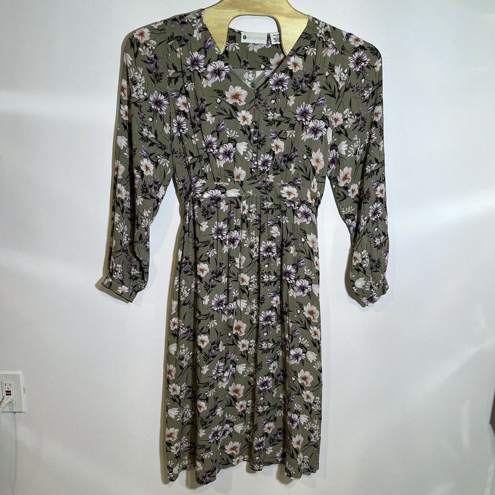 Ella Simone Women's Medium Green Purple‎ Floral Rayon Boho Pockets Maxi Dress